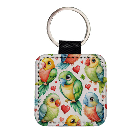 Cute Parrots Hearts Watercolor Square Faux Leather Keychain
