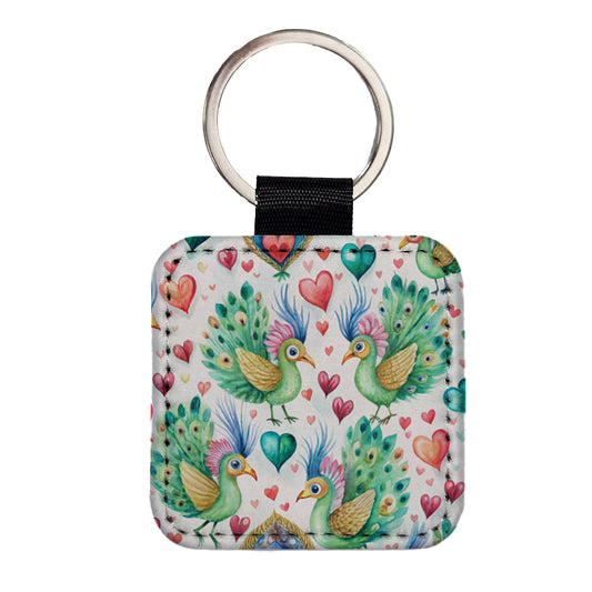 Cute Peacocks Hearts Watercolor Square Faux Leather Keychain