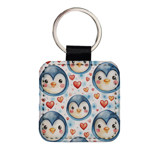 Cute Penguin Faces Hearts Watercolor Square Faux Leather Keychain