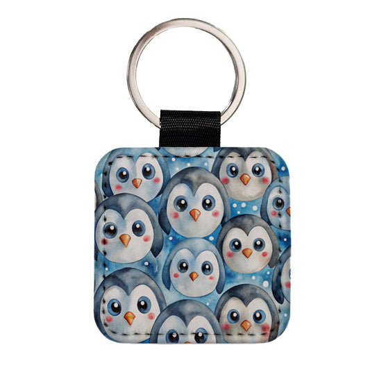 Cute Penguin Faces Watercolor Square Faux Leather Keychain