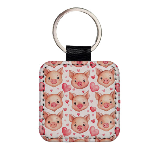 Cute Pig Faces Hearts Watercolor Square Faux Leather Keychain