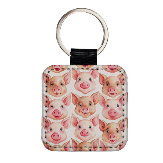 Cute Pig Faces Watercolor Square Faux Leather Keychain