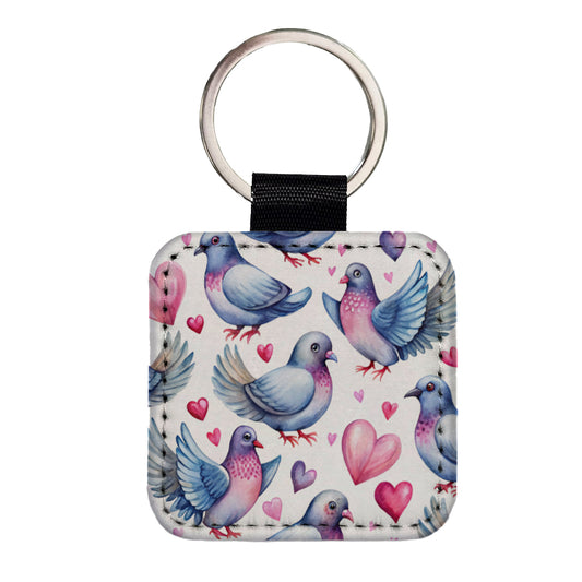 Cute Pigeons Hearts Watercolor Square Faux Leather Keychain