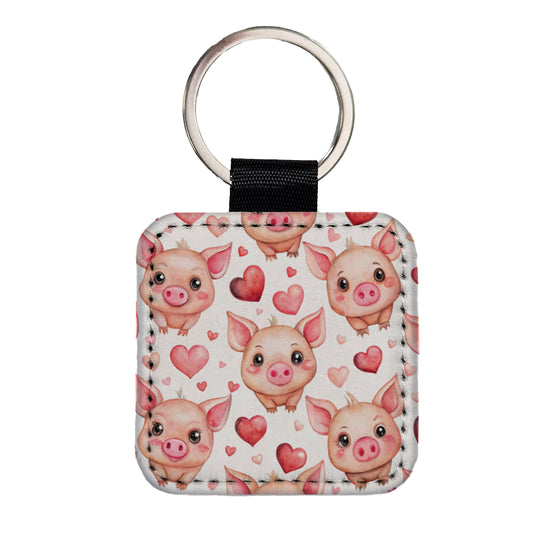 Cute Pigs Hearts Watercolor Square Faux Leather Keychain
