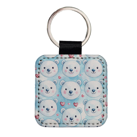 Cute Polar Bear Faces Hearts Square Faux Leather Keychain
