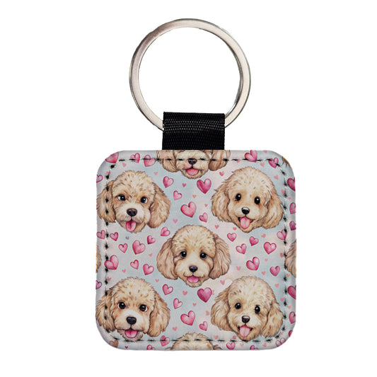 Cute Poodle Dog Faces Hearts Square Faux Leather Keychain
