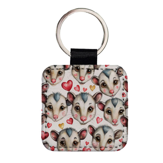Cute Possum Faces Hearts Watercolor Square Faux Leather Keychain