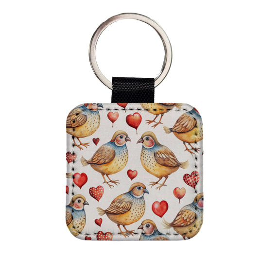 Cute Quails Hearts Watercolor Square Faux Leather Keychain