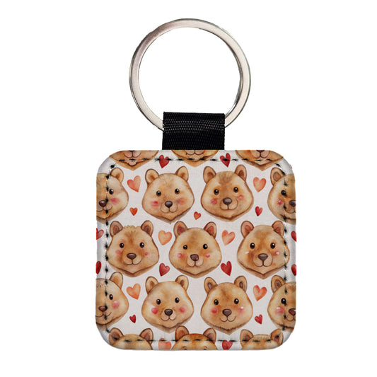 Cute Quokka Faces Hearts Watercolor Square Faux Leather Keychain