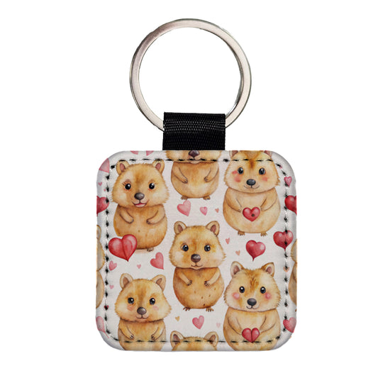 Cute Quokkas Hearts Watercolor Square Faux Leather Keychain