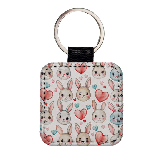 Cute Rabbit Bunny Faces Hearts Easter Square Faux Leather Keychain