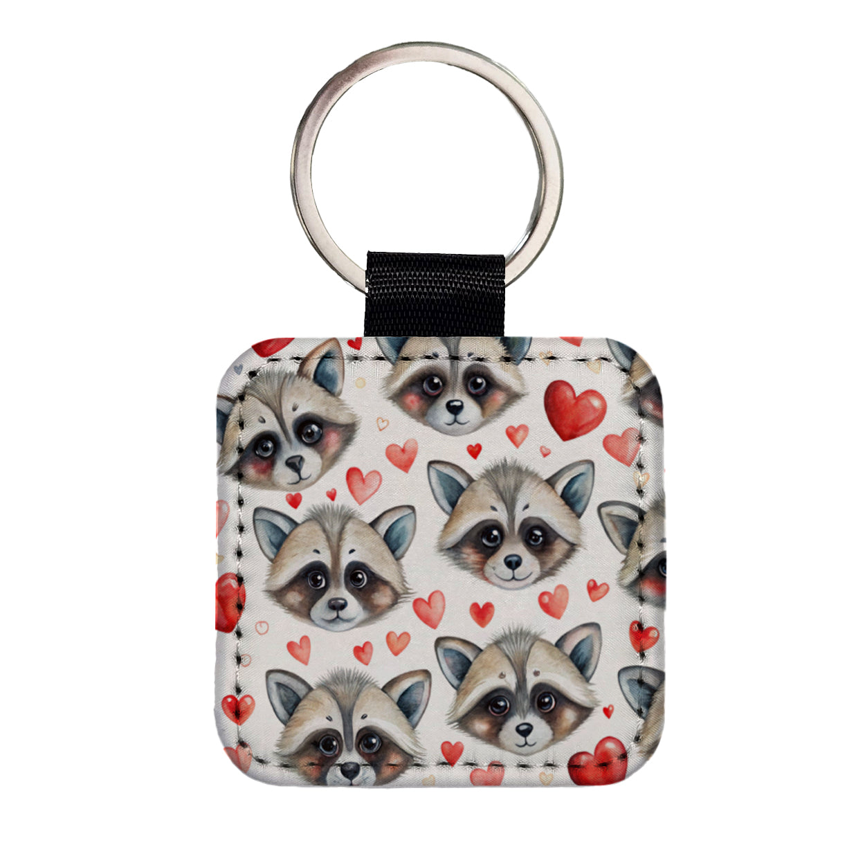 Cute Raccoon Faces Hearts Square Faux Leather Keychain