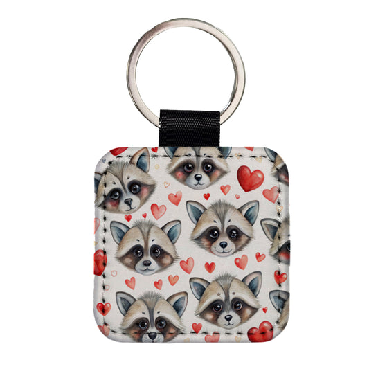Cute Raccoon Faces Hearts Square Faux Leather Keychain