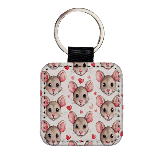 Cute Rat Faces Hearts Watercolor Square Faux Leather Keychain