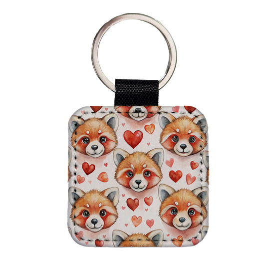Cute Red Panda Faces Hearts Square Faux Leather Keychain