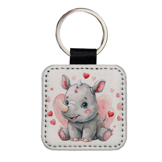 Cute Rhinoceros Hearts Watercolor Square Faux Leather Keychain