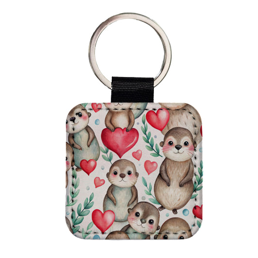 Cute River Otter Hearts Watercolor Square Faux Leather Keychain