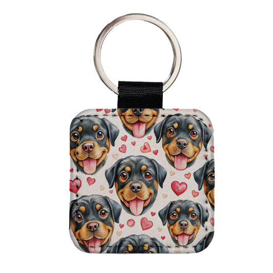 Cute Rottweiler Dog Faces Hearts Square Faux Leather Keychain