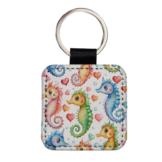 Cute Seahorses Hearts Watercolor Square Faux Leather Keychain