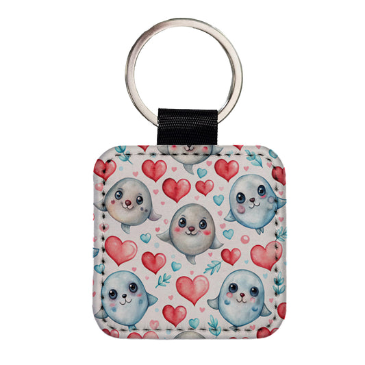 Cute Seals Hearts Watercolor Square Faux Leather Keychain