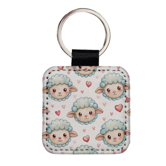 Cute Sheep Faces Hearts Watercolor Square Faux Leather Keychain