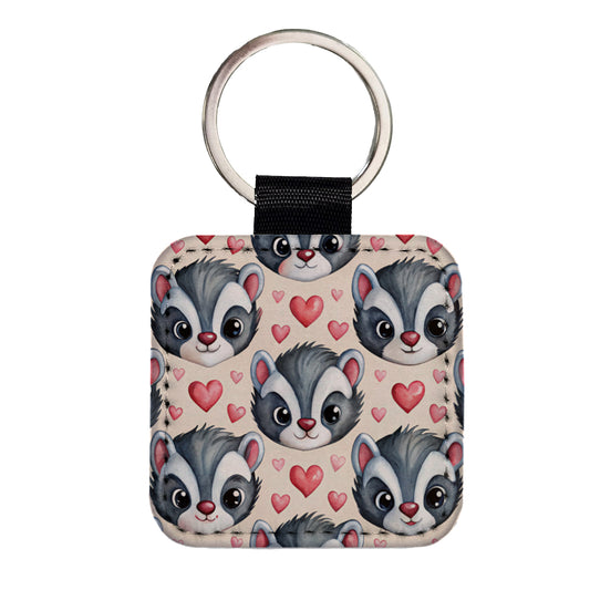 Cute Skunk Faces Hearts Watercolor Square Faux Leather Keychain