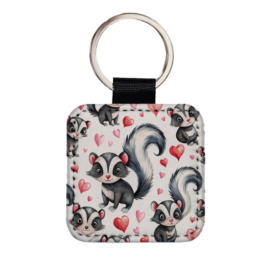 Cute Skunks Hearts Watercolor Square Faux Leather Keychain