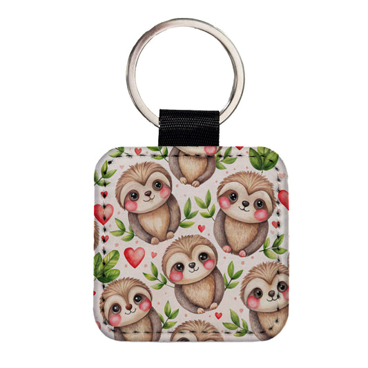 Cute Sloths Hearts Watercolor Square Faux Leather Keychain