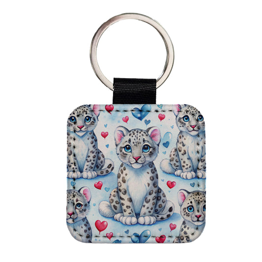 Cute Snow Leopard Hearts Watercolor Square Faux Leather Keychain