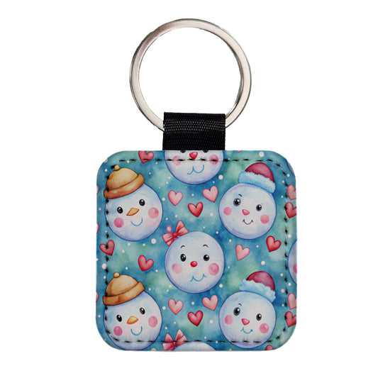 Cute Snowman Faces Hearts Winter Square Faux Leather Keychain