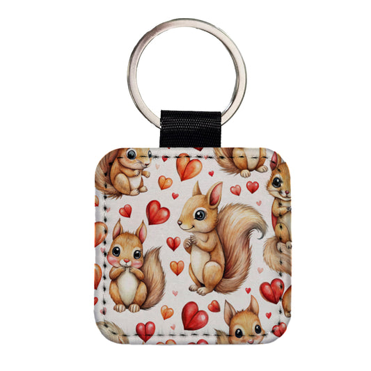 Cute Squirrels Hearts Watercolor Square Faux Leather Keychain