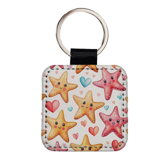Cute Starfish Hearts Watercolor Square Faux Leather Keychain
