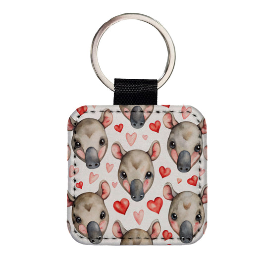 Cute Tapir Faces Hearts Watercolor Square Faux Leather Keychain