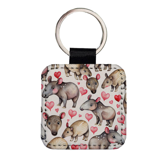Cute Tapirs Hearts Watercolor Square Faux Leather Keychain