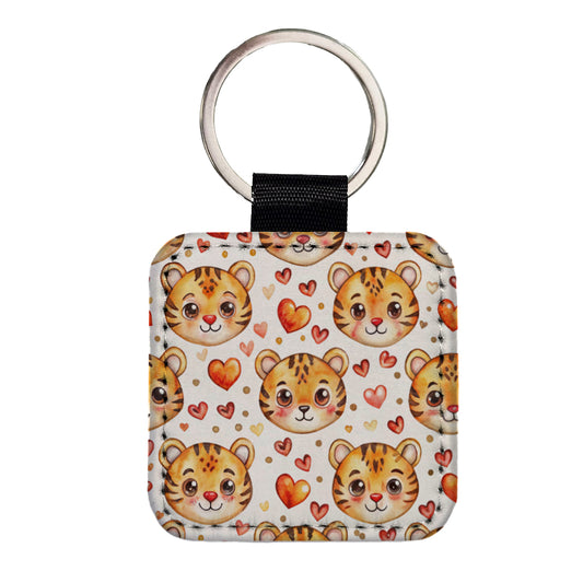 Cute Tiger Faces Hearts Watercolor Square Faux Leather Keychain