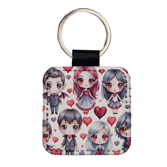 Cute Vampires Hearts Watercolor Square Faux Leather Keychain