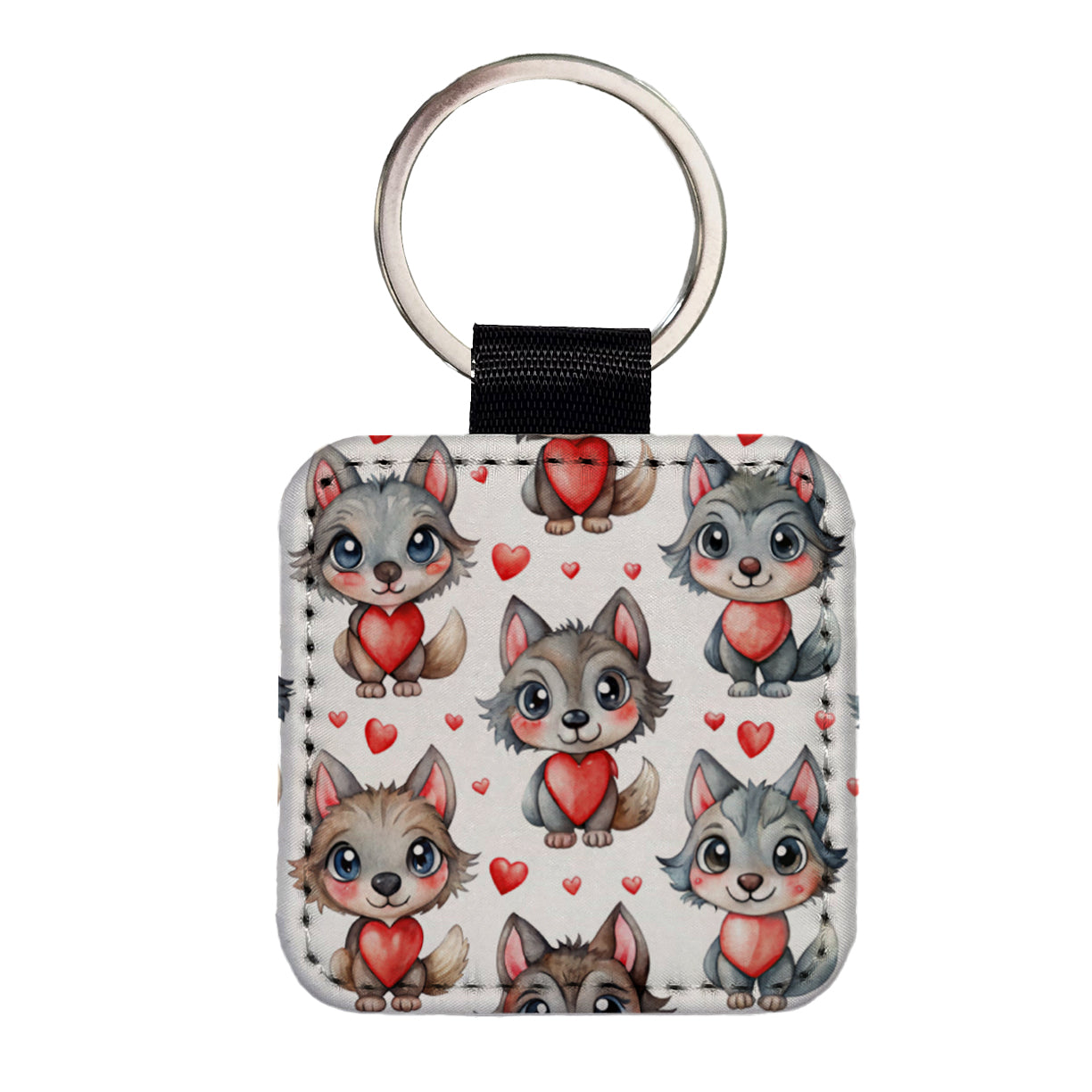 Cute Werewolves Hearts Watercolor Square Faux Leather Keychain