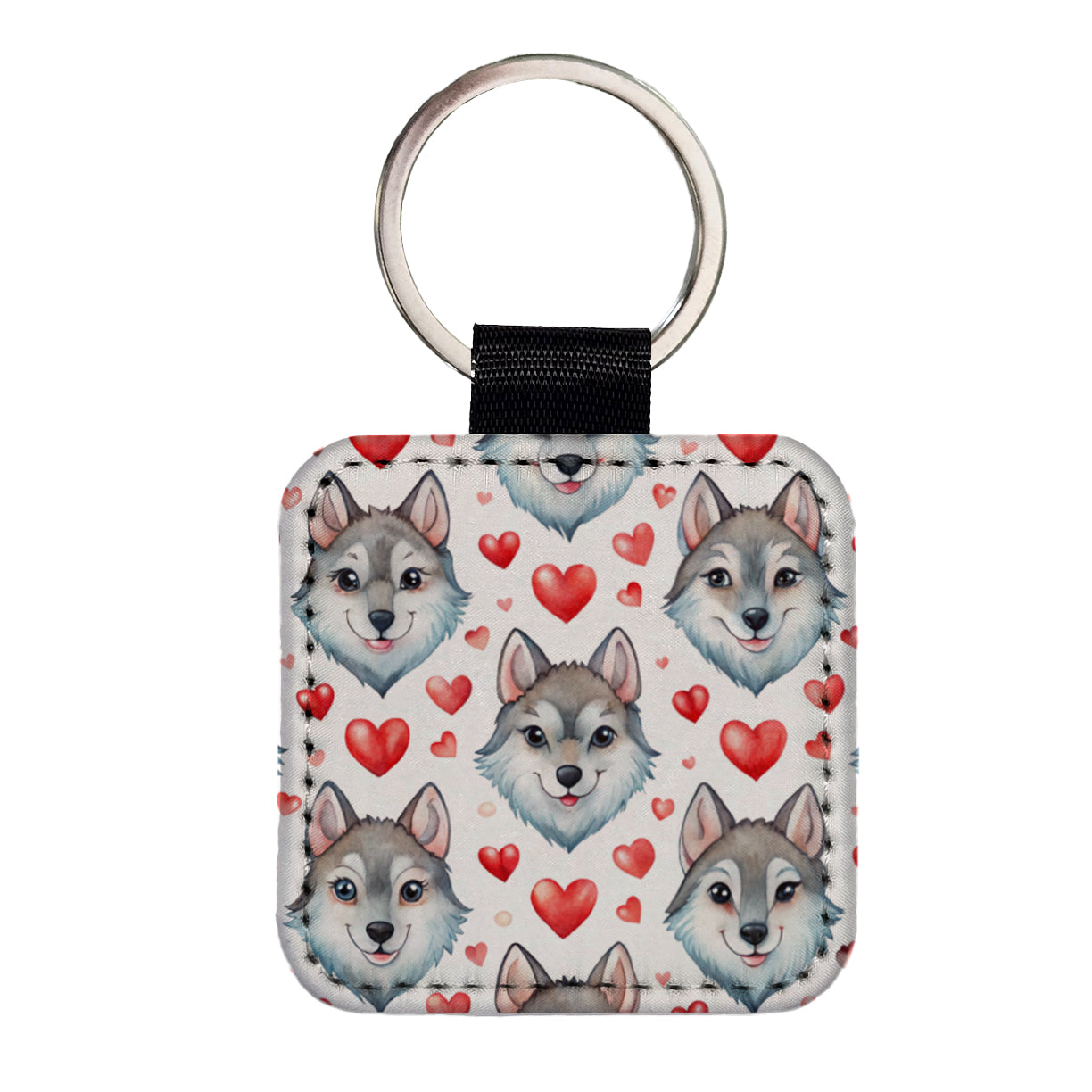Cute Wolf Faces Hearts Watercolor Square Faux Leather Keychain