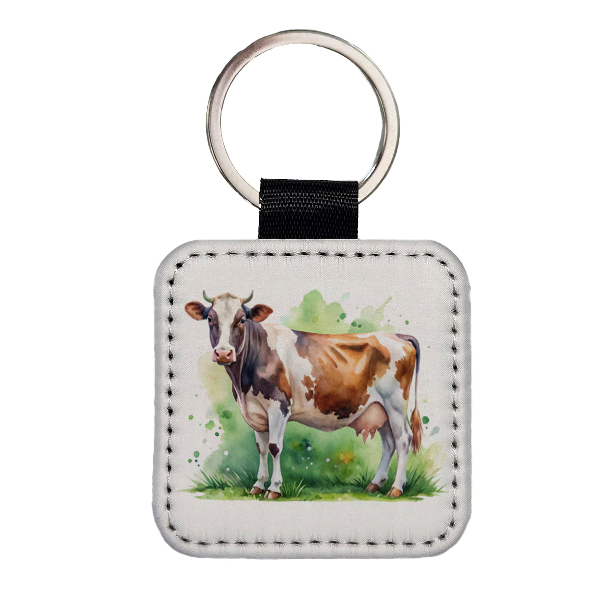 Dairy Cow Watercolor Square Faux Leather Keychain