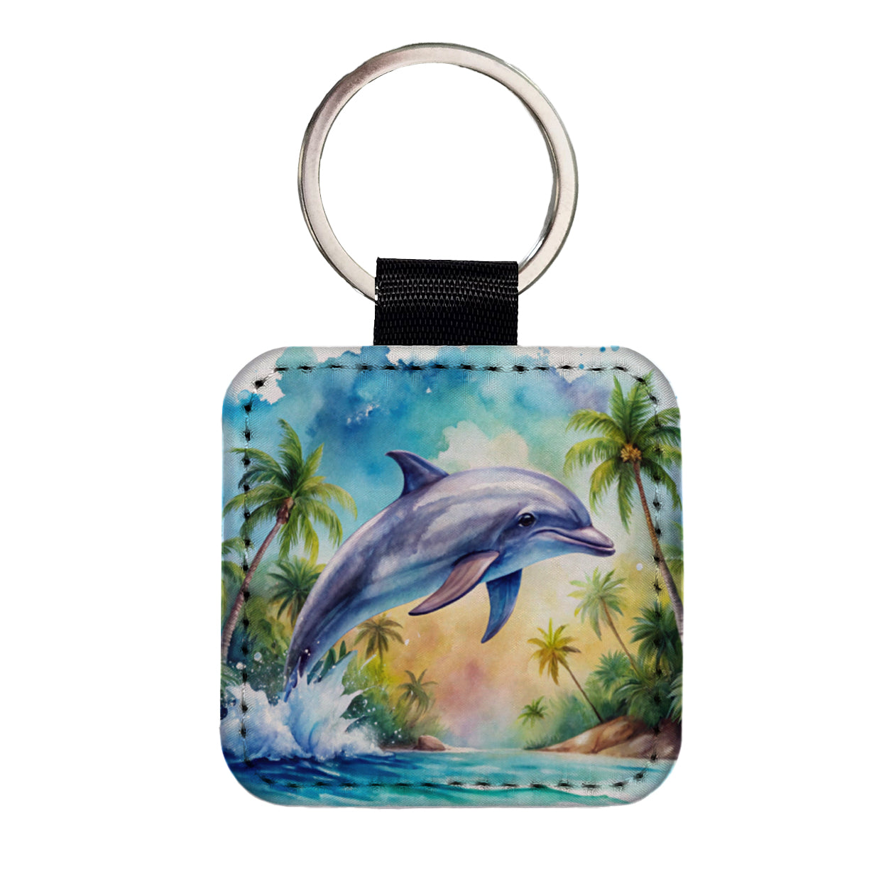 Dolphin Tropical Watercolor Design Square Faux Leather Keychain