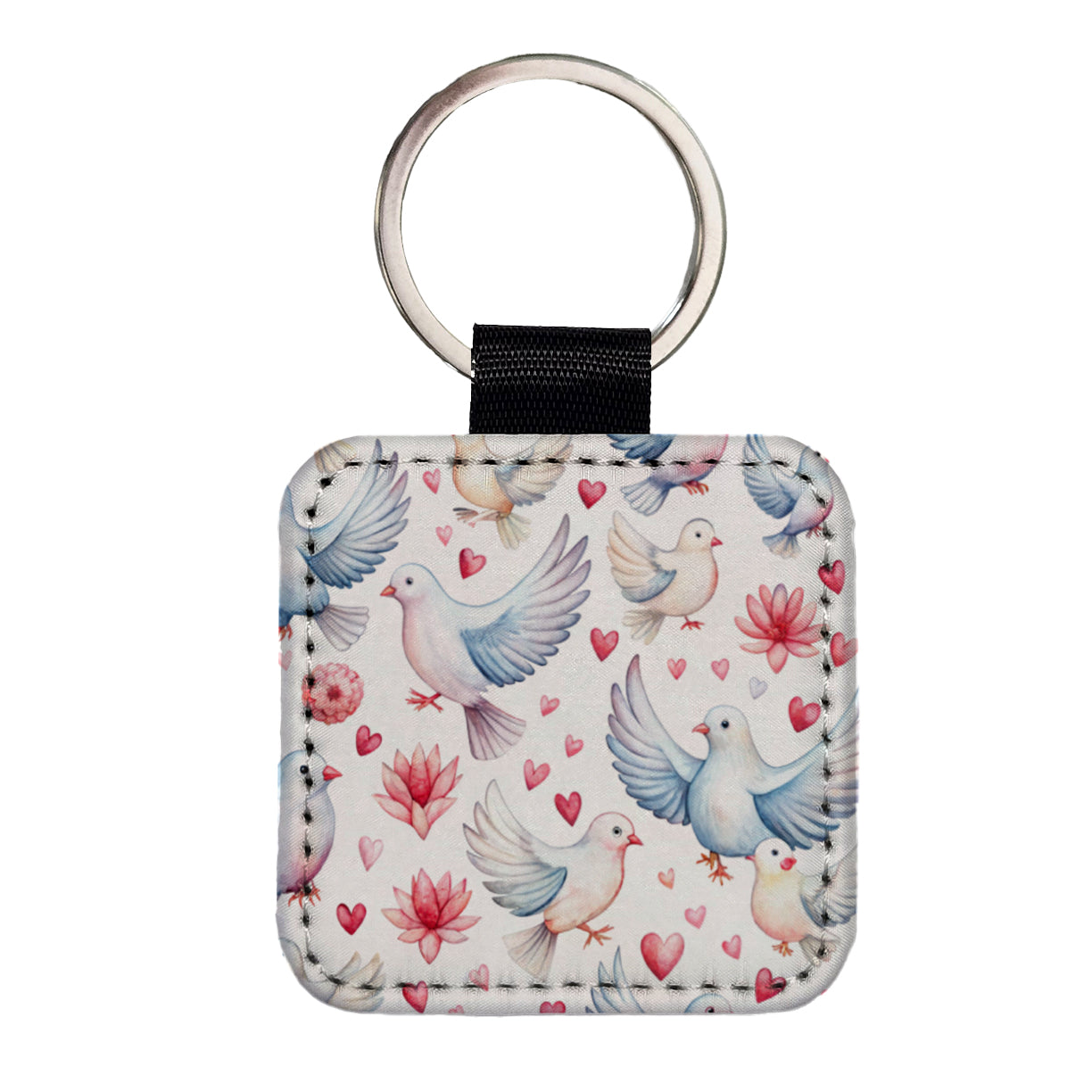 Doves Hearts Watercolor Square Faux Leather Keychain