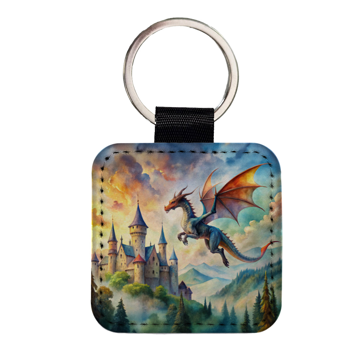 Dragon Flying Over Castle Watercolor Fantasy Square Faux Leather Keychain