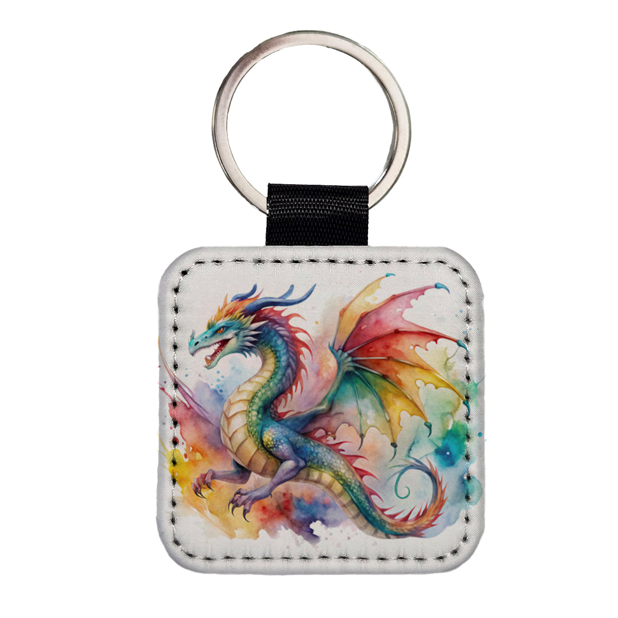 Dragon Watercolor Design Square Faux Leather Keychain