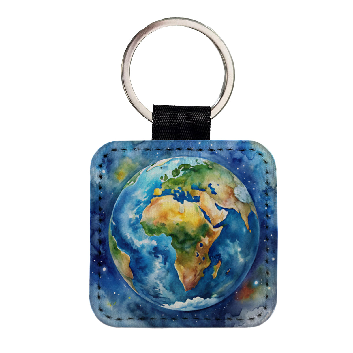 Earth Africa Asia Europe From Space Watercolor Square Faux Leather Keychain