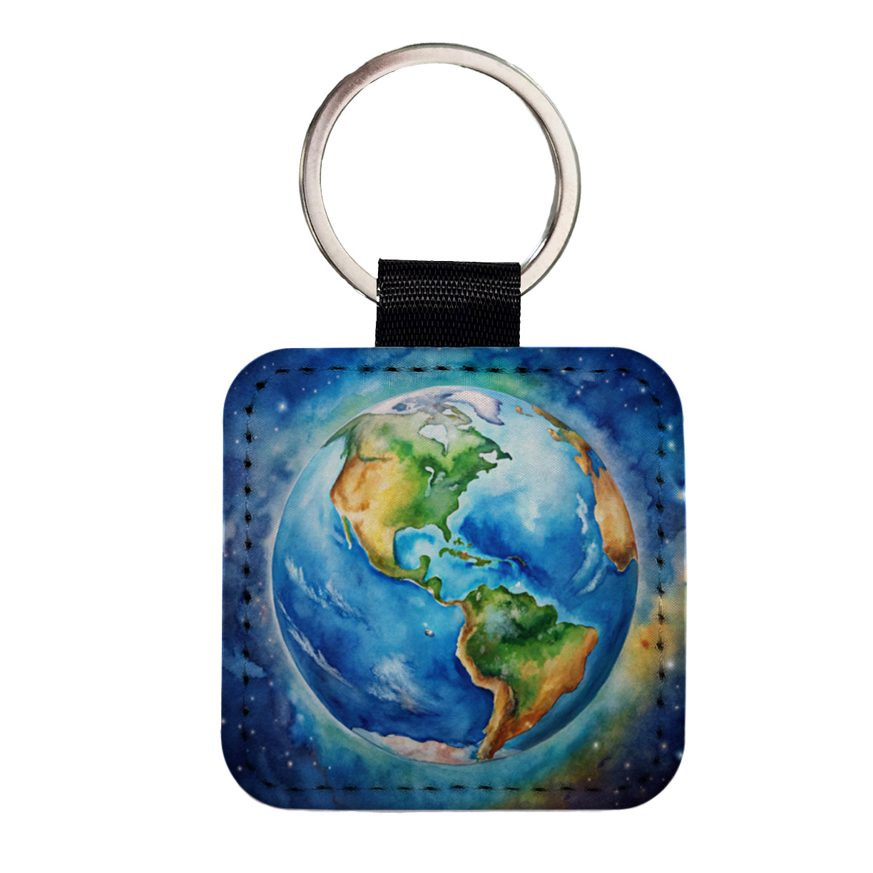 Earth North South America From Space Watercolor Square Faux Leather Keychain