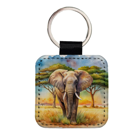 Elephant African Plain Watercolor Design Square Faux Leather Keychain