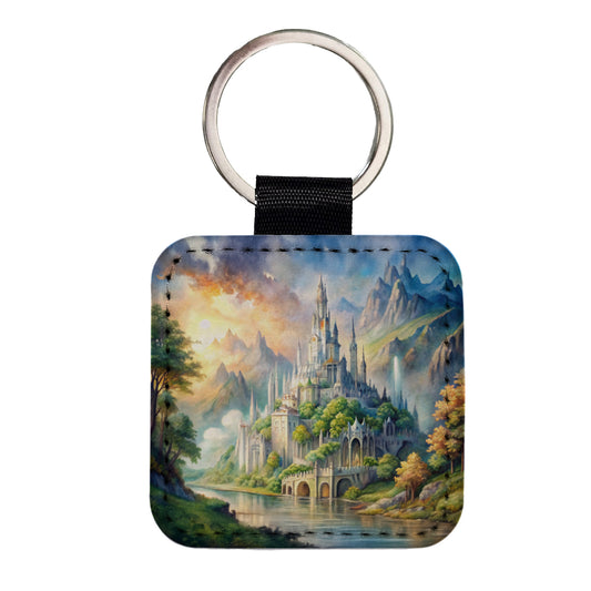 Elves Elvish Beautiful Fantasy Watercolor Square Faux Leather Keychain