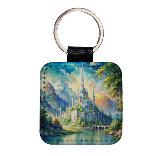 Elves Fantasy Kingdom Watercolor Design Square Faux Leather Keychain