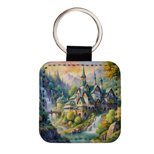 Elvish Elven Castle Fantasy Beautiful Watercolor Square Faux Leather Keychain
