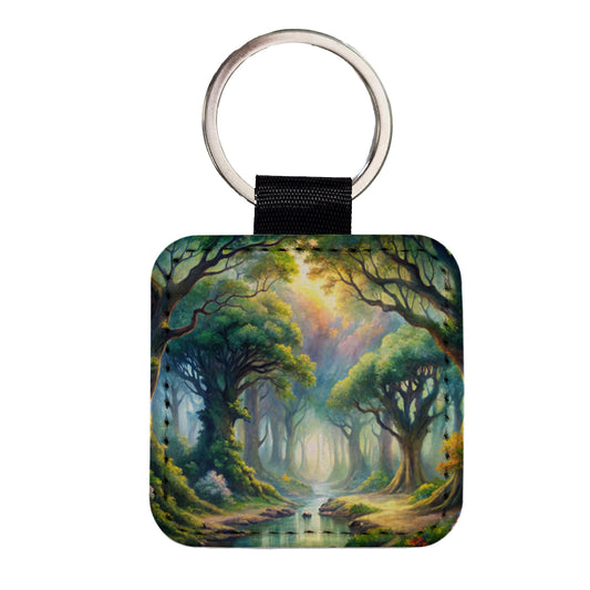 Elvish Elves Forest Fantasy Watercolor Design Square Faux Leather Keychain